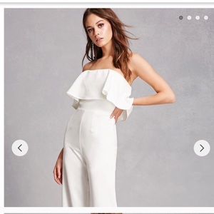 White strapless jumpsuit with slit legs